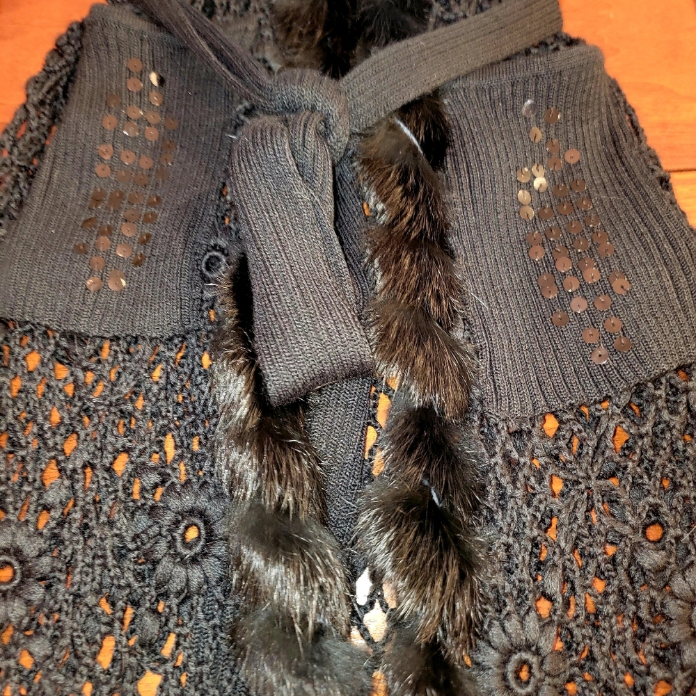Ruby Cho Black Sequin Crochet Faux Fur Trim Duster Cardigan S - Picture 13 of 14